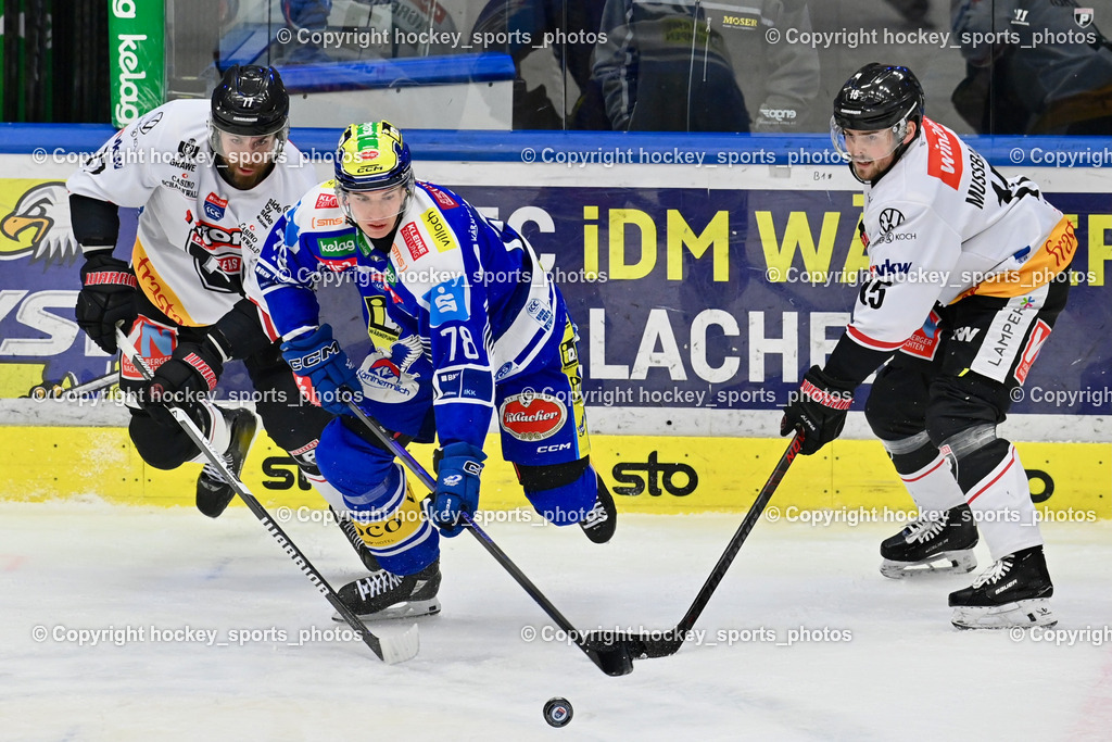 EC IDM Wärmepumpen VSV vs. Pioneers Vorarlberg | #15 Mark Mußbacher Pioneers Vorarlberg, #78 Felix Maxa EC VSV, #77 Ivan Korecky Pioneers Vorarlberg, EC IDM Wärmepumpen VSV vs. Pioneers Vorarlberg, EC IDM Wärmepumpen VSV vs. Pioneers Vorarlberg am 22.02.2026 in Villach (Stadthalle Villach), Austria, (Photo by Bernd Stefan)
