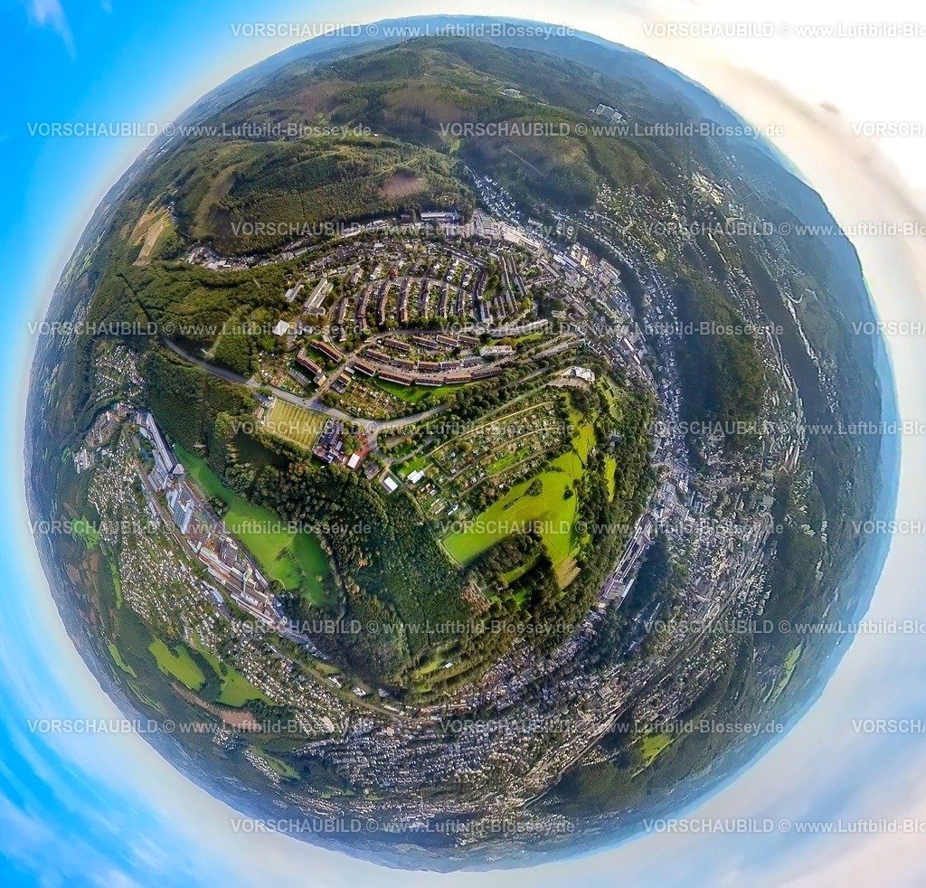 Siegen230990421WetzlarerStrasse | Luftbild, Ortsansicht Wetzlarer Straße, Erdkugel, Fisheye Aufnahme, Fischaugen Aufnahme, 360 Grad Aufnahme, tiny world, Siegen-Lindenberg, Siegen, Sauerland, Nordrhein-Westfalen, Deutschland