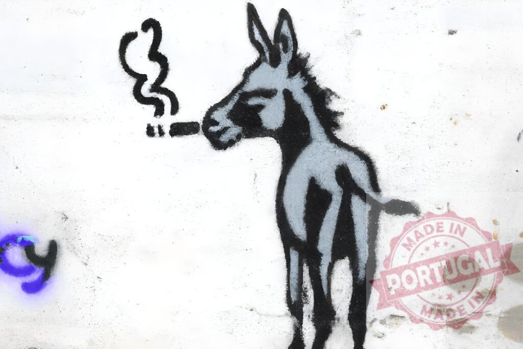 Donkey smoking cigarette street art graffiti mural. Banski Style | Donkey smoking a cigarette painted as graffiti mural on a white wall - Realized with Pictrs.com