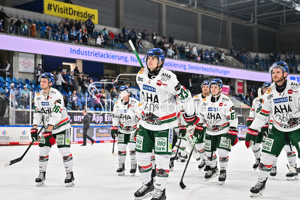 Dresdener Eislöwen - Augsburger Panther | Die Spieler der Panther feiern zusammen mit den Fans den Auswärtssieg in Dresden / DEL: Dresdener Eislöwen - Augsburger Panther; Joynext-Arena am 05.10.2025 / Tim WOHLGEMUTH (Augsburger Panther 33), Maximilian RENNER (Augsburger Panther 58)