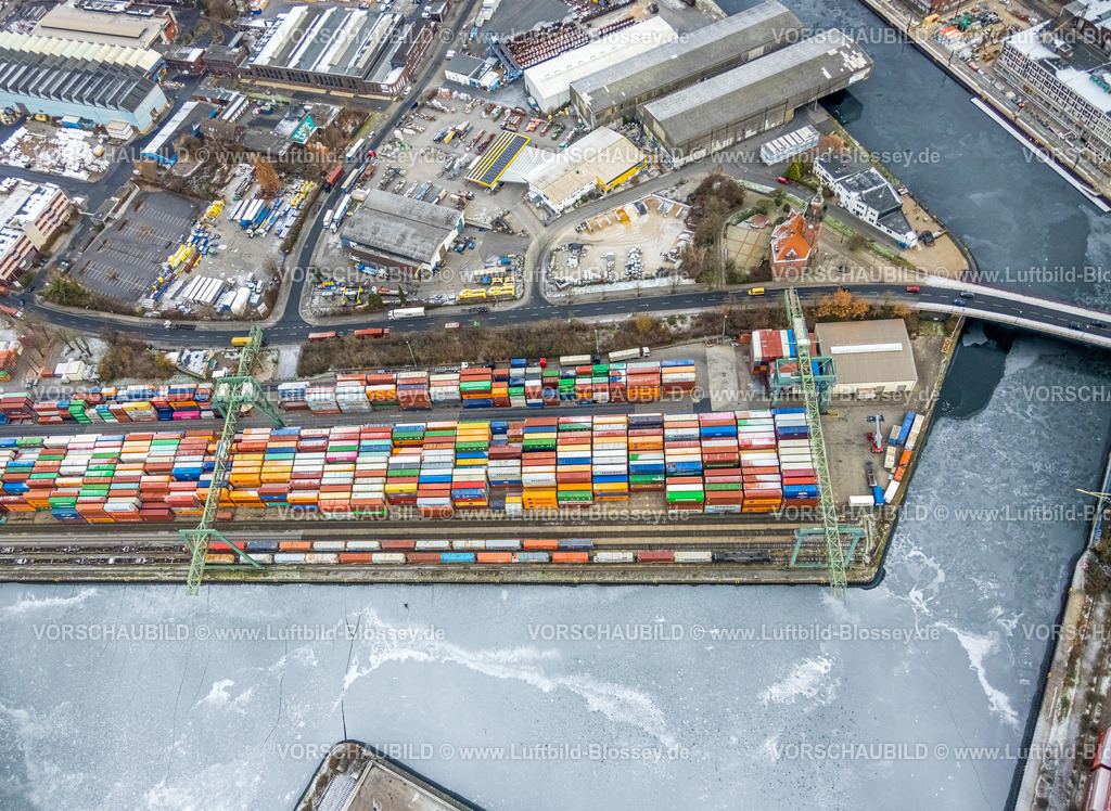 Dortmund221202118 | Luftbild, Zugefrorener Hafen Dortmund, Containerterminal, Hafen, Dortmund, Ruhrgebiet, Nordrhein-Westfalen, Deutschland