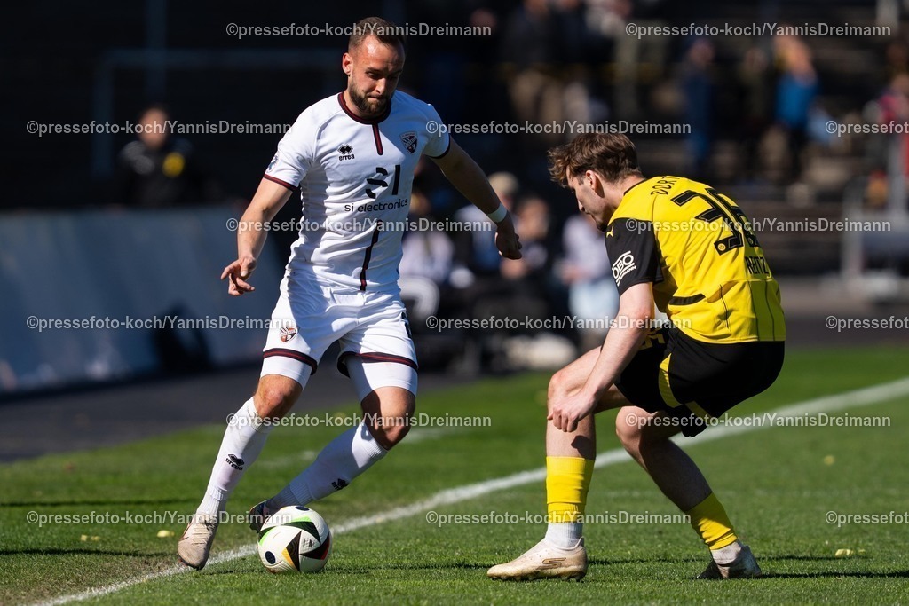 xydr06042501084 | 06.04.2025, xydrx, Fußball, Borussia Dortmund II - FC Ingolstadt 04, 3.Liga, Stadion Rote Erde, Saison 2024 2025: David Kopacz (FC Ingolstadt #29) im Zweikampf gegen Tony Reitz (Borussia Dortmund II #36) DFB regulations prohibit any use of photographs as image sequences and or quasi-video.