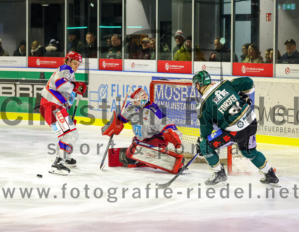 2026-02-15_090_TSV_Erding_gegen_EC_Peiting | Erding, Deutschland, 15.02.2026:Eishockey, Oberliga Süd 2025 / 2026, 47. Spieltag, TSV Erding gegen EC Peiting, Endergebnis: 4:5Moritz Köttstorfer (EC Peiting, #44), Torwart Tommi Steffen (EC Peiting, #1), Maximilian Forster (Erding Gladiators, #81)Foto: Christian Riedel / fotografie-riedel.net