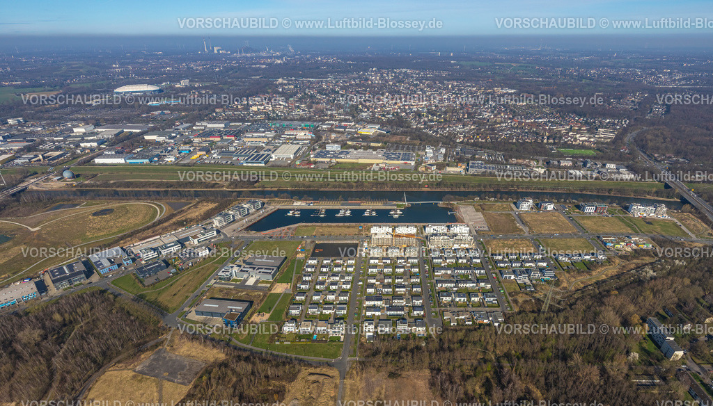 Gelsenkirchen240300697 | Luftbild, Yachthafen Stölting Marina und Baustelle am Hafenquartier Graf Bismarck Wohngebiet am Rhein-Herne-Kanal, Blick zum Wohngebiet Ortsteil Erle, Bismarck, Gelsenkirchen, Ruhrgebiet, Nordrhein-Westfalen, Deutschland