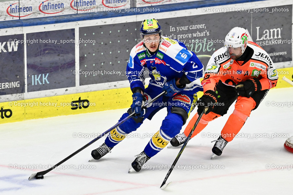 EC IDM WÄRMEPUMPEN VSV vs. MOSER MEDICAL GRAZ99ERS | #2 Dylan MacPherson EC VSV, #13 Michael Schiechl Graz 99ers, EC IDM WÄRMEPUMPEN VSV vs. MOSER MEDICAL GRAZ99ERS, EC IDM WÄRMEPUMPEN VSV vs. MOSER MEDICAL GRAZ99ERS am 12.03.2026 in Villach (Stadthalle Villach), Austria, (Photo by Bernd Stefan)