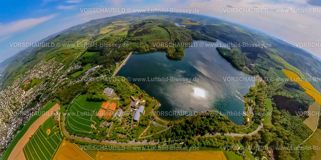 Meschede240590345Hennesee | Luftbild, Hennesee in waldreicher Umgebung, Erdkugel, Fisheye Aufnahme, Fischaugen Aufnahme, 360 Grad Aufnahme, tiny world, little planet, fisheye Bild, Berghausen, Meschede, Sauerland, Nordrhein-Westfalen, Deutschland
