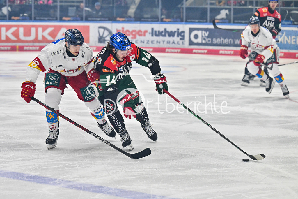 Augsburger Panther - Düsseldorfer EG | im Duell  Kyle CUMISKEY (Duesseldorfer EG 16) und D. J. BUSDEKER (Augsburger Panther #14) / Zweikampf / DEL: Augsburger Panther - Duesseldorfer EG, Curt Frenzel Stadion am 04.03.2025
