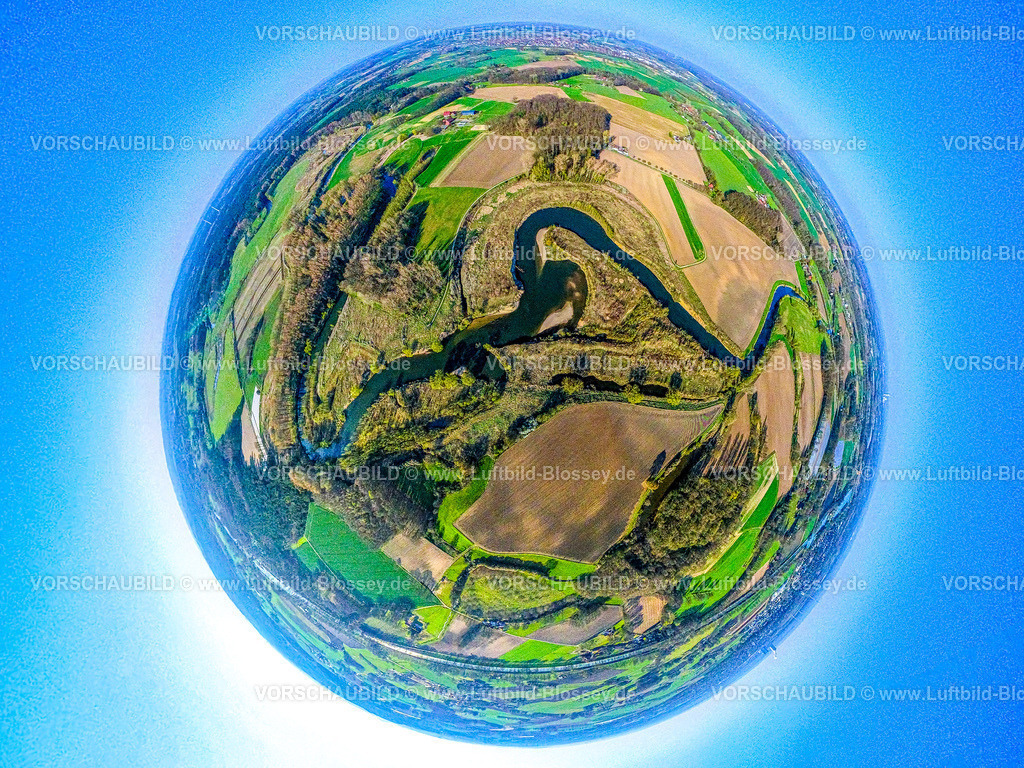 Olfen250490074Lippe_Maeander | Luftbild, Lippeaue und Fluss Lippe Mäander, Wiesen und Felder, Erdkugel, Fisheye Aufnahme, Fischaugen Aufnahme, 360 Grad Aufnahme, tiny world, little planet, fisheye Bild, Olfen-Kirchspiel, Olfen, Ruhrgebiet, Nordrhein-Westfalen, Deutschland