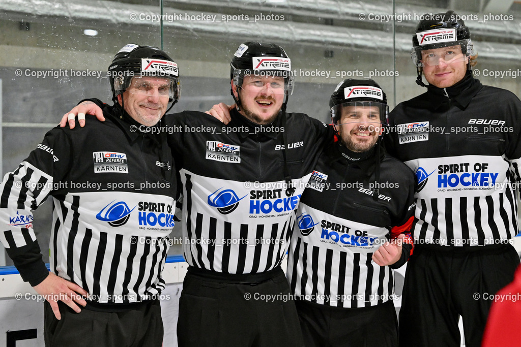 Lendhafen Seelöwen vs. Spartans Althofen | Franzel Reinhard Referee, Wucherer Gerald Referee, Widmann Florian Referee, Pirsch Christoph Referee, Lendhafen Seelöwen vs. Spartans Althofen, Lendhafen Seelöwen vs. Spartans Althofen am 14.02.2025 in Ferlach (HTC Eishalle Ferlach), Austria, (Photo by Bernd Stefan)