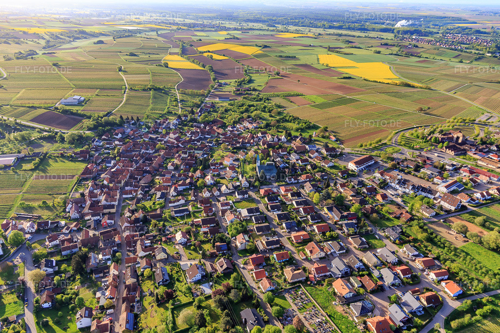 Luftbild: Winzerdorf an der deutschen Weinstraße aus Westen im Ortsteil Rechtenbach in Schweigen-Rechtenbach im Bundesland Rheinland-Pfalz in Deutschland. Foto: IMG_107003.jpg vom 27.04.2018 durch Werner Riehm/FLY-FOTO.de