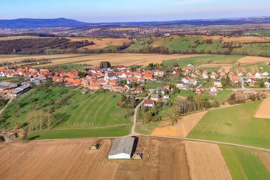 Vue aérienne: Vue de la ville depuis l'ouest à Forstheim dans le département Bas Rhin, France – .Photo: IMG_38697.jpg prise le 20/03/2011 par Werner Riehm/FLY-FOTO.eu – Résolution de l'original: 4752 x 3168 px