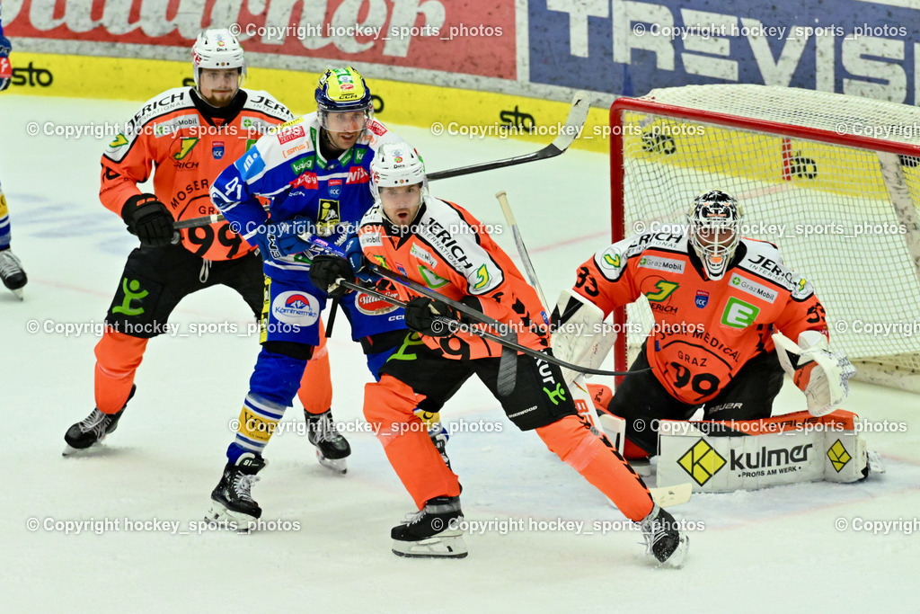EC IDM WÄRMEPUMPEN VSV vs. MOSER MEDICAL GRAZ99ERS | #33 Maxime Lagacé Graz 99ers, #91 Nick Hutchison EC VSV, #18 Paul Stapelfeldt Graz 99ers, #5 Kasper Kotkansalo Graz 99ers, EC IDM WÄRMEPUMPEN VSV vs. MOSER MEDICAL GRAZ99ERS, EC IDM WÄRMEPUMPEN VSV vs. MOSER MEDICAL GRAZ99ERS am 12.03.2026 in Villach (Stadthalle Villach), Austria, (Photo by Bernd Stefan)