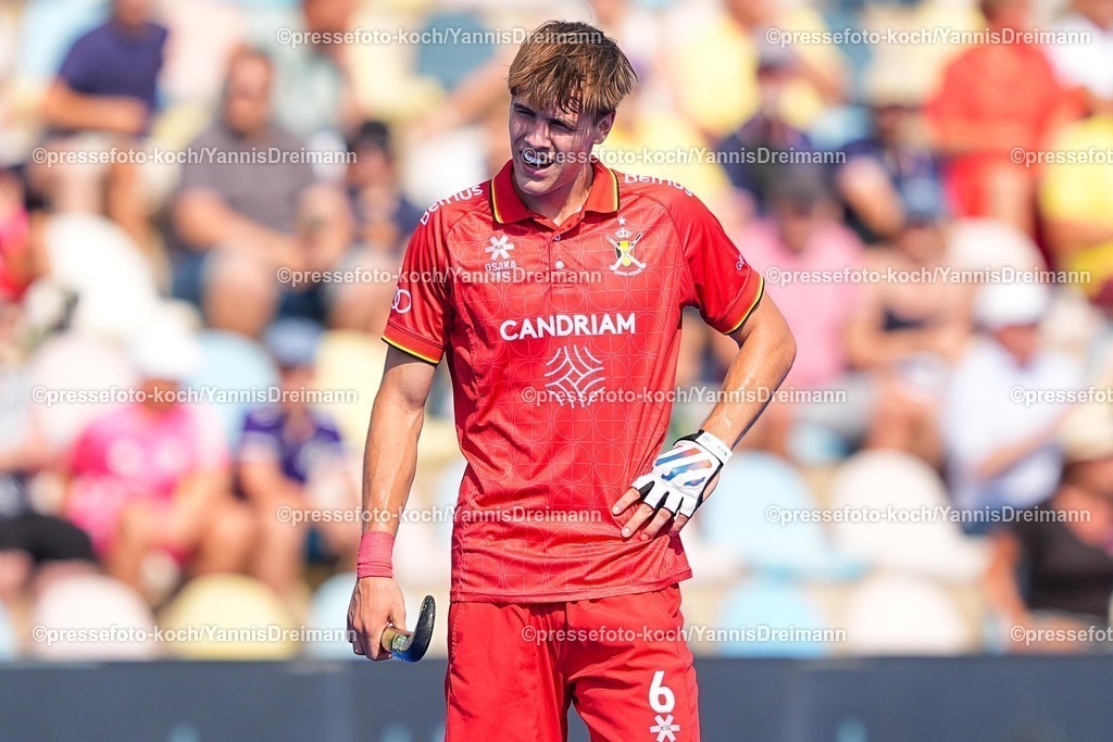 xydrx12082502029 | 12.08.2025, xydrx, Herren EuroHockey Championship 2025, Gruppenphase, Gruppe A, Spanien - Belgien, Sparkassenpark Mönchengladbach: Lucas Balthazar (BEL #6)