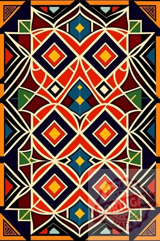 Colorful ethnic geometric pattern creating a symmetrical abstract background | Abstract artwork featuring bright geometric shapes and lines forming an ornamental mosaic design - Realized with Pictrs.com