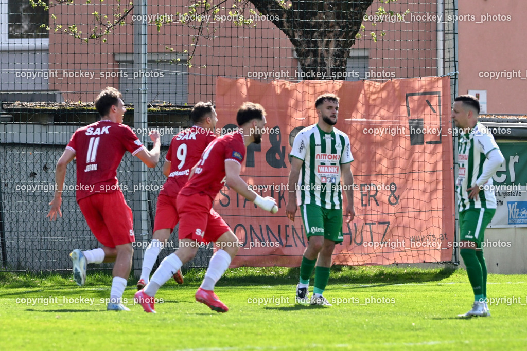 SV Donau Klagenfurt vs. SAK | Jubel SAK, #11 Luka Jerin SAK, #9 Sinan Samardzic SAK, #24 Jovan Koprivica SAK, #19 Sufjan Sulemani SV Donau,  #7 Enes Brdjanovic SV Donau,  SV Donau Klagenfurt vs. SAK, SV Donau Klagenfurt vs. SAK am 11.04.2026 in Klagenfurt (Sportplat Donau ), Austria, (Photo by Bernd Stefan)