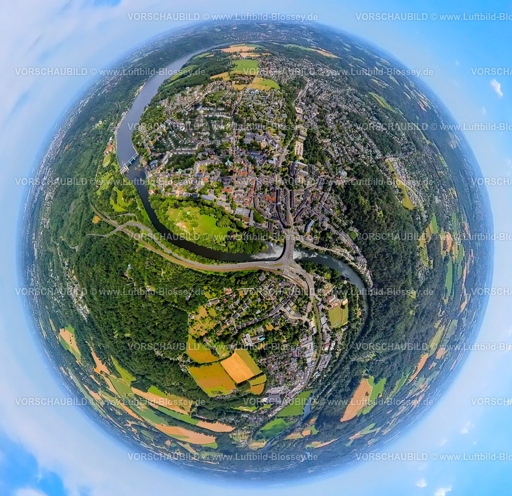 Essen230790242_Werden | Luftbild, Ortsansicht Ortsteil Werden, Erdkugel, Fisheye Aufnahme, Fischaugen Aufnahme, 360 Grad Aufnahme, tiny world, Werden, Essen, Ruhrgebiet, Nordrhein-Westfalen, Deutschland