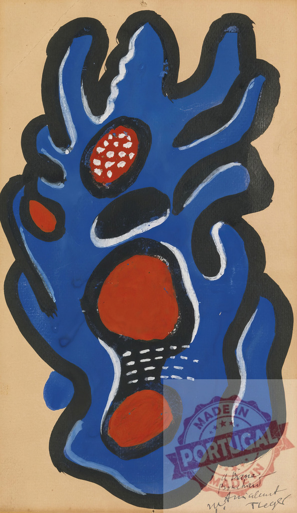 Fernand Léger style abstract blue red biomorphic painting | Fernand Leger Organic shapes in bold blue and red colors with black outlines on a beige background - Realisiert mit Pictrs.com