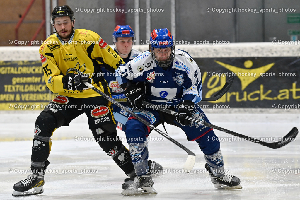 EC Hornets Spittal vs. ESC Steindorf 23.2.2024 | #15 Rossbacher Daniel EC Hornets Spittal, #11 Czechner Sandro ESC Steindorf, EC Hornets Spittal vs. ESC Steindorf 23.2.2024, EC Hornets Spittal vs. ESC Steindorf 23.2.2024 am 23.02.2024 in Spittal an der Drau (Eissportzentrum Spittal), Austria, (Photo by Bernd Stefan)