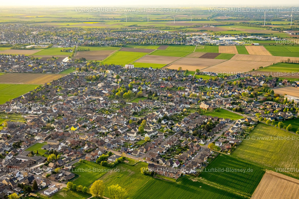 Elsdorf240403814 | Luftbild, Ortsansicht und Wohngebiet Ortsteil Berrendorf-Wüllenrath umgeben von Wiesen und Feldern, Blick mit Fernsicht auf Elsdorf mit Windrädern, Elsdorf, Niederrhein, Nordrhein-Westfalen, Deutschland