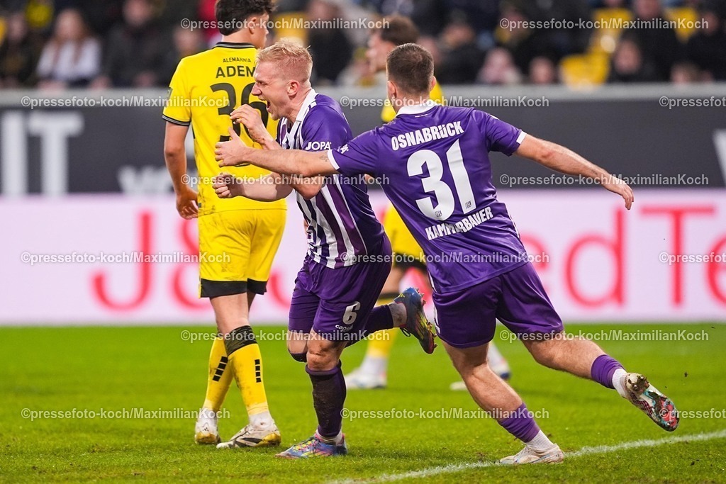 xYDRx17012601029 | 17.01.2026, xydrx, Fußball, 3.Liga, TSV Alemannia Aachen - VfL Osnabrück, Saison 2025 2026, Tivoli: Torjubel nach dem Tor zum 2:0 für den VfL Osnabrück durch Torschütze Bryan Henning (VfL Osnabrück #6) zusammen mit Patrick Kammerbauer (VfL Osnabrück #31)       DFB regulations prohibit any use of photographs as image sequences and or quasi-video. Photo: xYannisxDreimannxPressefotoKochx