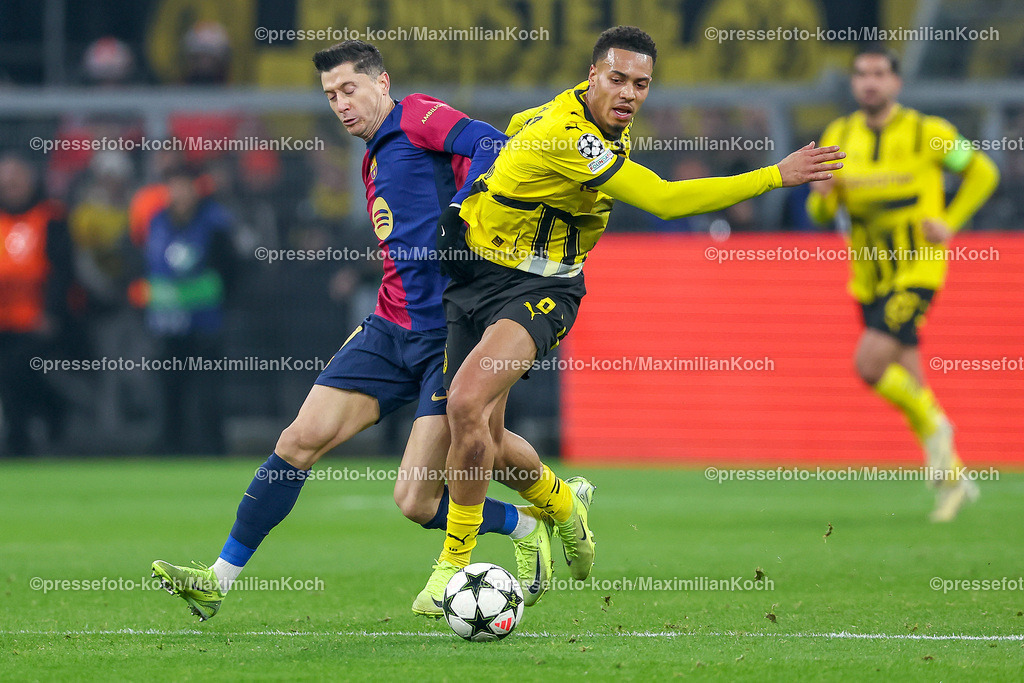UCL11122401017 | 11.12.2024, UEFA Champions League, Borussia Dortmund - FC Barcelona, 8. Spieltag, Signal Iduna Park, Saison 2024 2025: Felix Nmecha (BVB #8) im Zweikampf gegen Robert Lewandowski (Barca #9)