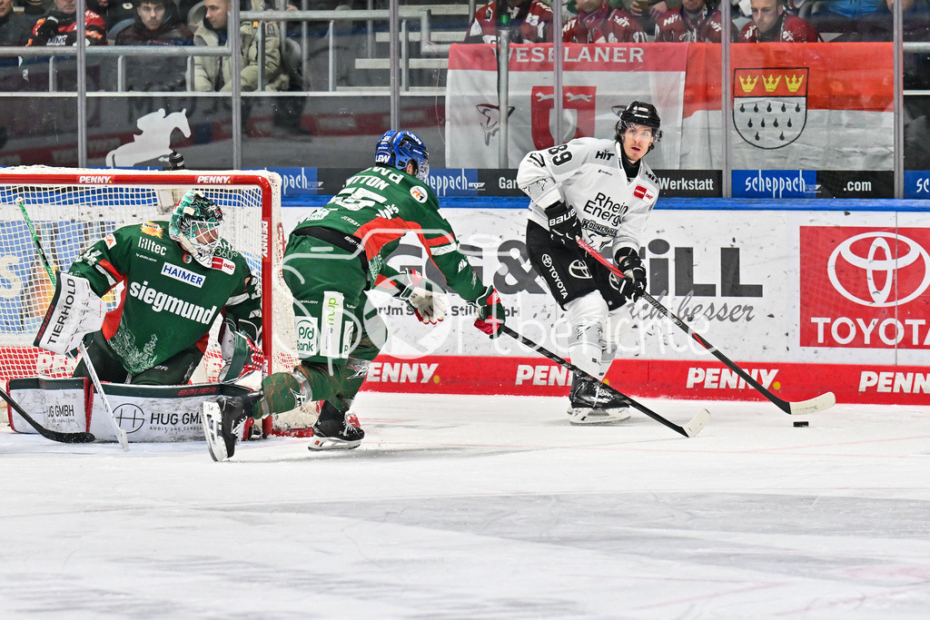 Augsburger Panther - Kölner Haie | aUGSBURG, GERMANY - 11. JANUARY: am Puck Gregor MACLEOD (Kölner Haie 89) hinter dem Tor von Michael GARTEIG (Augsburger Panther 34 - Ryan BUTTON (Augsburger Panther 55) während dem Match zwischen den Augsburger Panthern und den Kölner Haien am 39. Spieltag der penny DEL im Curt Frenzel Stadion
