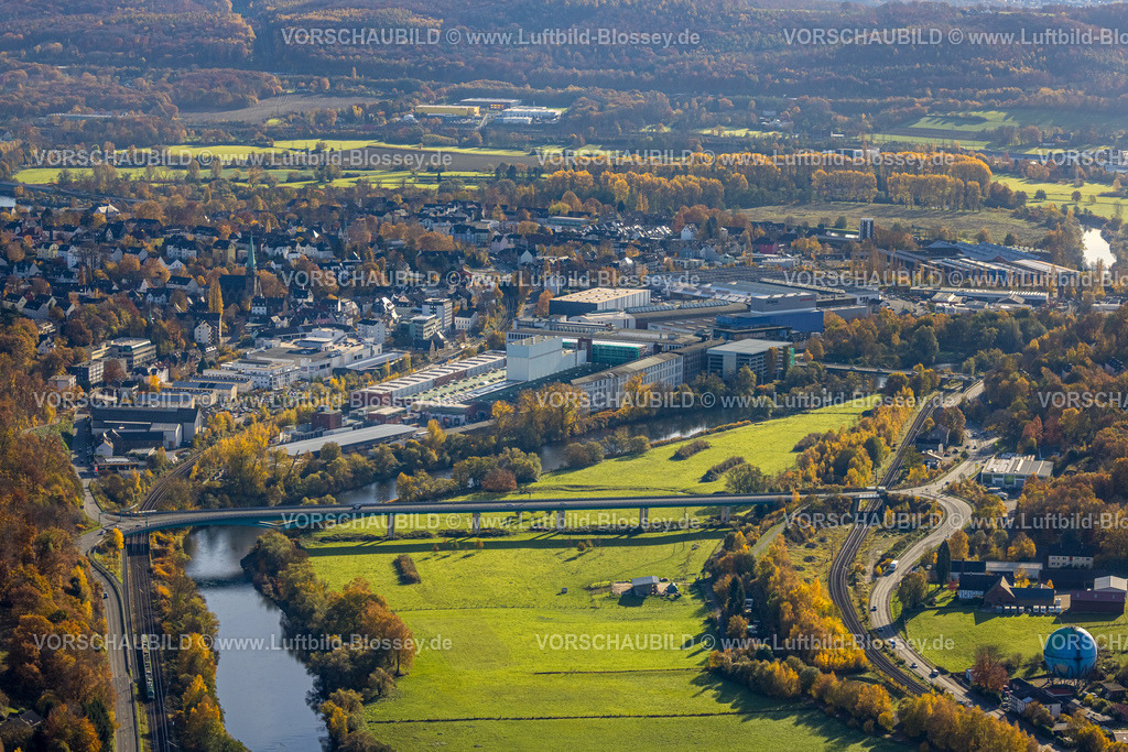 Wetter251104304 | Luftbild, Neue Ruhrbrücke Gederner Straße, Gewerbegebiet Carl-Bönnhoff-Straße und Ortsansicht, herbstliche Bäume, Volmarstein, Wetter, Ruhrgebiet, Nordrhein-Westfalen, Deutschland