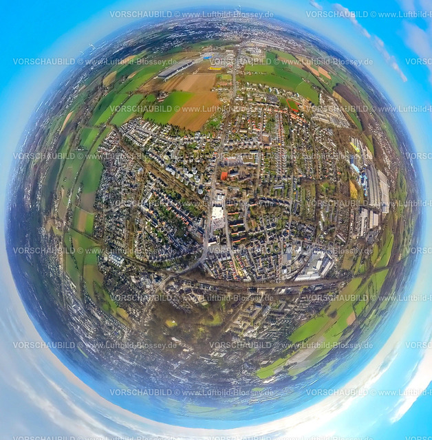 Unna230220003Koenigsborn | Luftbild, Ortsansicht City Königsborn, Kamener Straße, Erdkugel, Fisheye Aufnahme, Fischaugen Aufnahme, 360 Grad Aufnahme, Königsborn, Unna, Ruhrgebiet, Nordrhein-Westfalen, Deutschland