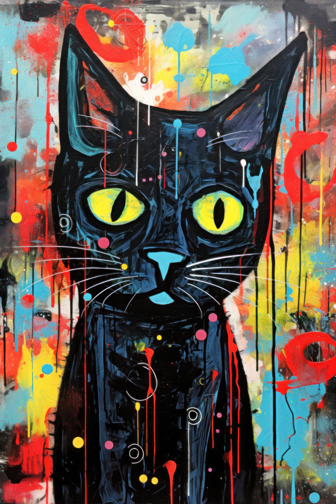 2308021 - Bunte schwarze Katze | Bestellen Sie dieses digitale Motiv einer schwarzen Katze im buten Street-Art-Graffiti-Stil als hochwertigen Kunstdruck auf Leinwand, Acrylglas, Alu-Dibond oder als Poster. Das Bild wurde digital erstellt und hat die Anmutung eines Gemäldes.