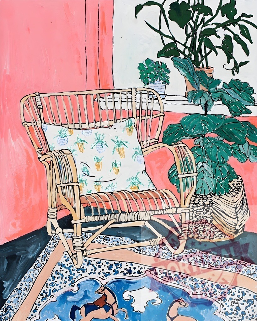 Relaxing wicker rocking chair in colorful living room with houseplants | Wicker rocking chair with pillow in colorful living room with houseplants and blue carpet - Realized with Pictrs.com