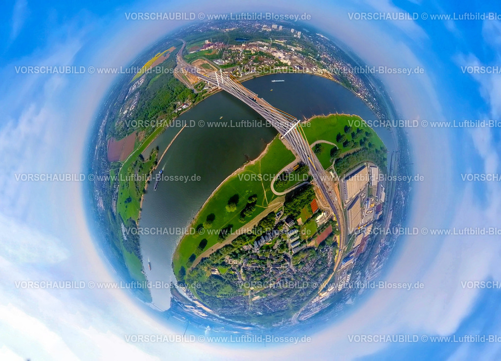 Duisburg240590043RheinbrueckeA40_Rhein | Luftbild, Rheinbrücke Neuenkamp über den Fluss Rhein, Baustelle für Erweiterung der Autobahn A40 inklusive Ersatzneubau, Alt-Homberg, Duisburg, Nordrhein-Westfalen, Deutschland