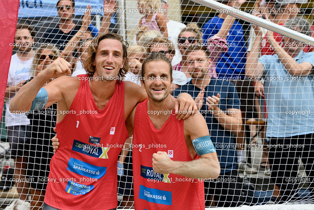 Kärntner Landesmeisterschaft Beach Volleyball | #2 HUBER Alexander Philipp, #1 FRIEDL Felix, Kärntner Landesmeisterschaft Beach Volleyball, Kärntner Landesmeisterschaft Beach Volleyball am 18.08.2024 in Villach (Rathausplatz Villach), Austria, (Photo by Bernd Stefan)