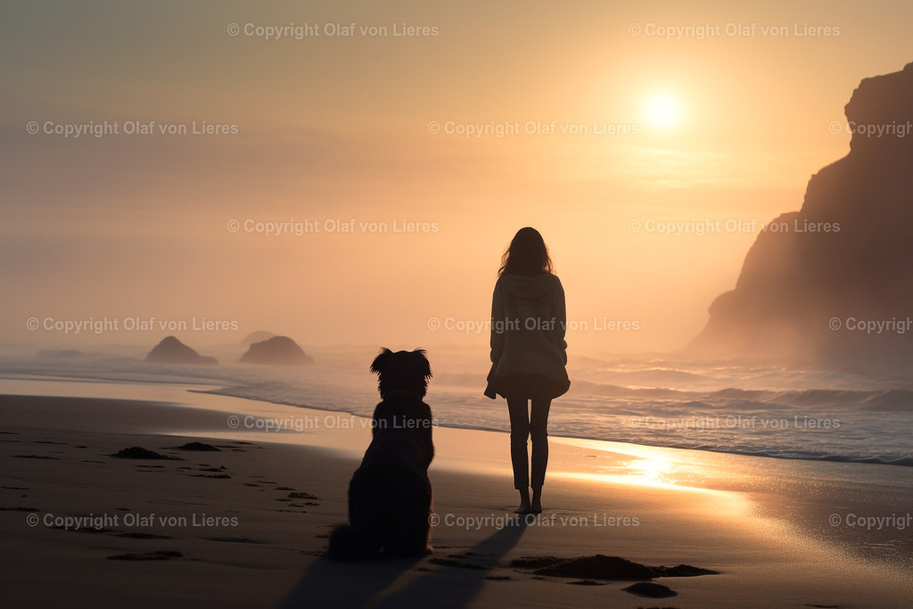 Frau mit Hund am Meer | Sonnenuntergang am Meer