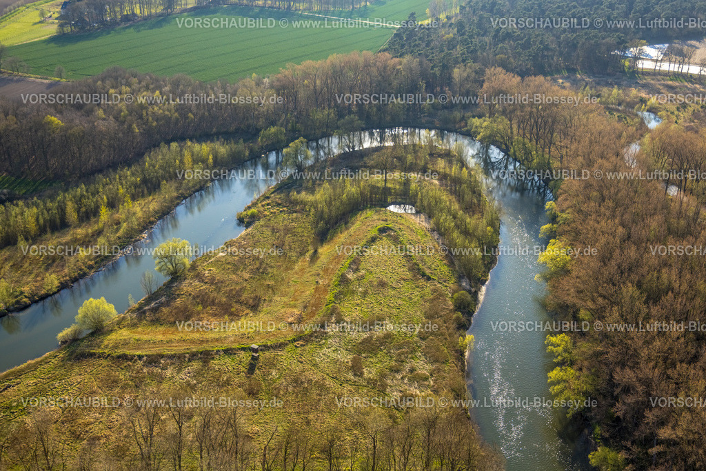 Olfen250405084 | Luftbild, Fluss Lippe Mäander, Lippeschleife, Flussentwicklung und Auenentwicklung der Lippe Vogelsang, Renaturierung, Stadtgrenze Olfen-Datteln, NSG Naturschutzgebiet Lippeaue, Olfen-Kirchspiel, Olfen, Münsterland, Nordrhein-Westfalen, Deutschland