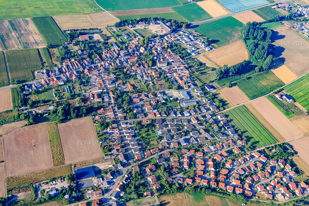 Luftbild: Dorfansicht aus Norden in Knittelsheim im Bundesland Rheinland-Pfalz in Deutschland. Foto: IMG_109613.jpg vom 31.07.2018 durch Werner Riehm/FLY-FOTO.de