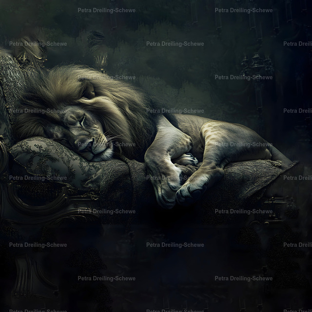 White Lion - Don#t wake the cat!' | Bring calm, power, and a touch of humor into your space with this unique sleeping lion wall art.This striking artwork features a majestic lion resting peacefully in a dark, atmospheric setting. The contrast between strength and serenity creates a powerful visual statement – both elegant and slightly playful. - Realisiert mit Pictrs.com