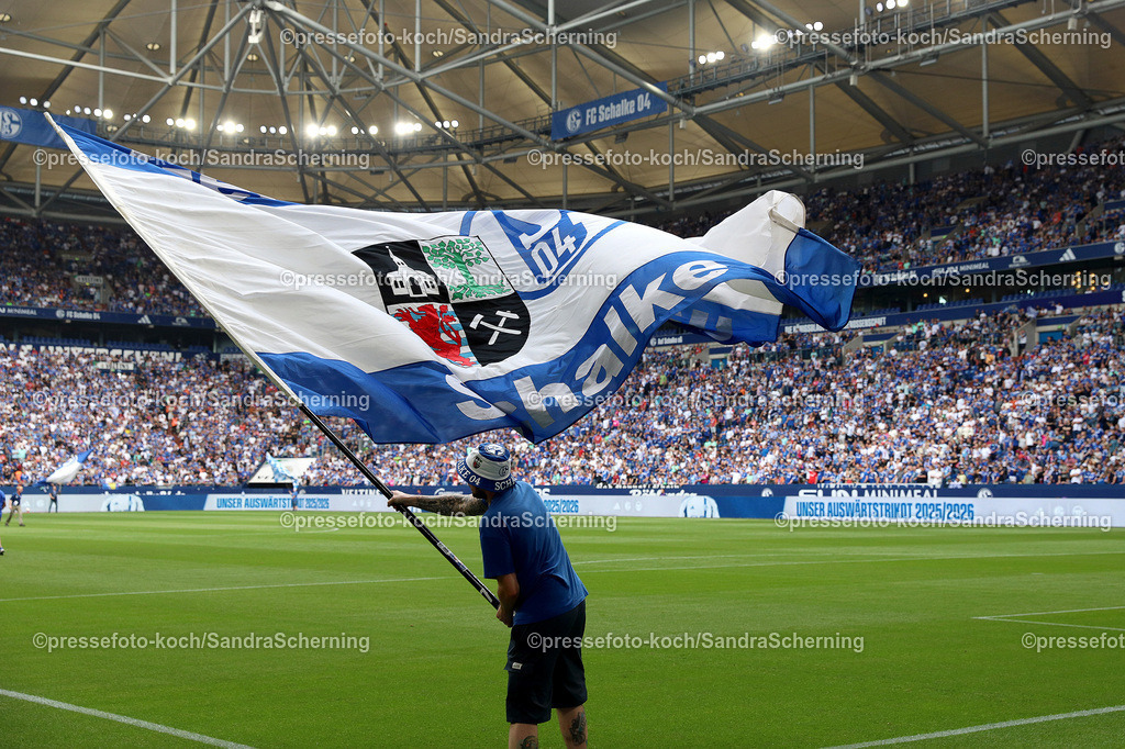 xSSC26072501039 | 26.07.2025, xsscx, Fuﬂball, FC Schalke 04 - FC Sevilla, 2. Fuﬂball Bundesliga, VELTINS-Arena, Saison 2025 2026: Schwenkfahne von FC Schalke 04 beim Tor des FC Schalke 04 zum 3:2 DFB regulations prohibit any use of photographs as image sequences and or quasi-video.