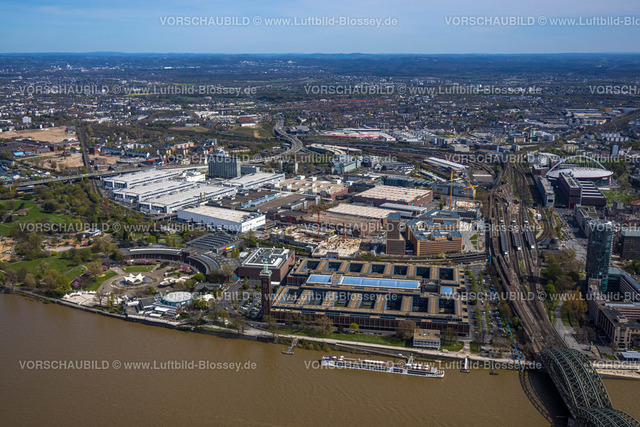Koeln220403440 | Luftbild, Messegelände Köln mit Baustelle und Neubau Halle Confex,RTL Studio, RTL Sitz , RTL Verwaltung, ,  Tanzbrunnen, Rheinhallen, Deutz, Köln, Rheinland, Nordrhein-Westfalen, Deutschland