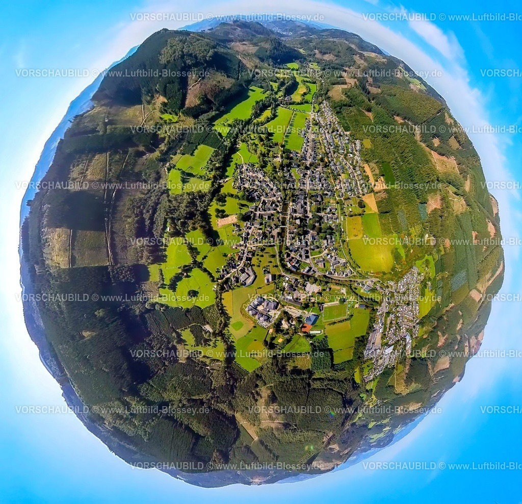 Lennestadt230990346Saalhausen | Luftbild, Ortsansicht Ortsteil Saalhausen, Erdkugel, Fisheye Aufnahme, Fischaugen Aufnahme, 360 Grad Aufnahme, tiny world, Saalhausen, Lennestadt, Sauerland, Nordrhein-Westfalen, Deutschland