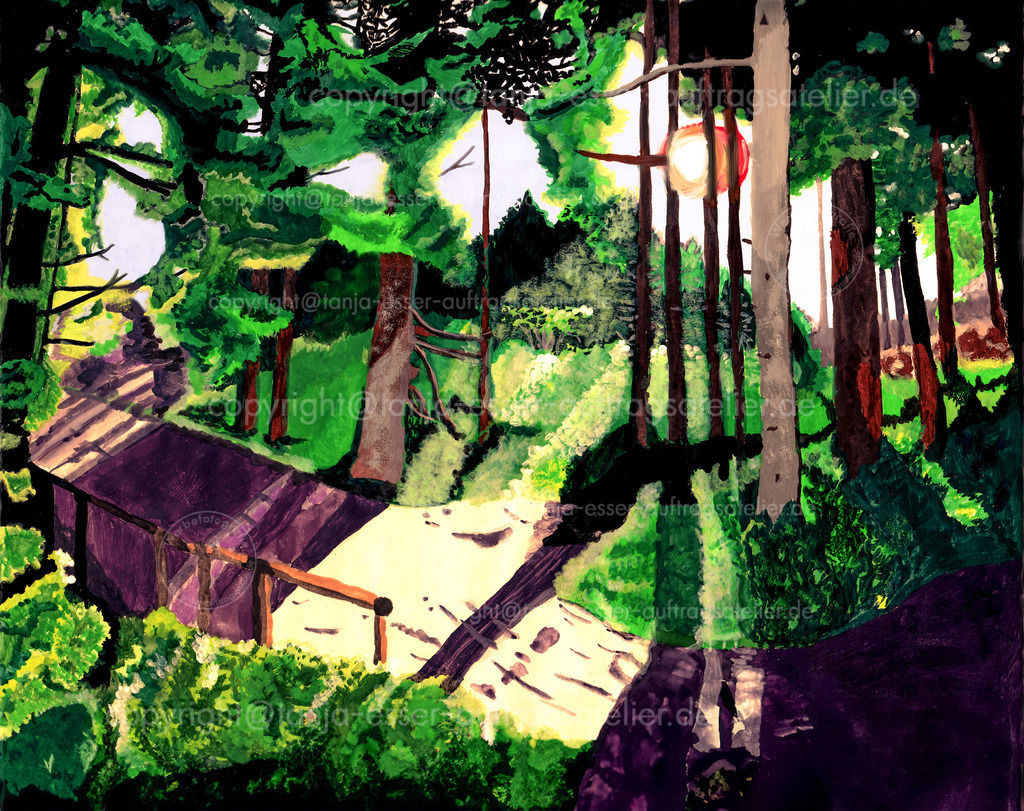 Herbstliches Licht und Schatten | Wasserfarben Zeichnung eines Herbstwaldes. Die Sonne steht noch tief am frühen Morgen und leuchtet durch ein Dickicht. Die Lichter sind warm und die Schatten sind kühl. Nach einem Foto aufgenommen in der Kupferschlage in Brilon.