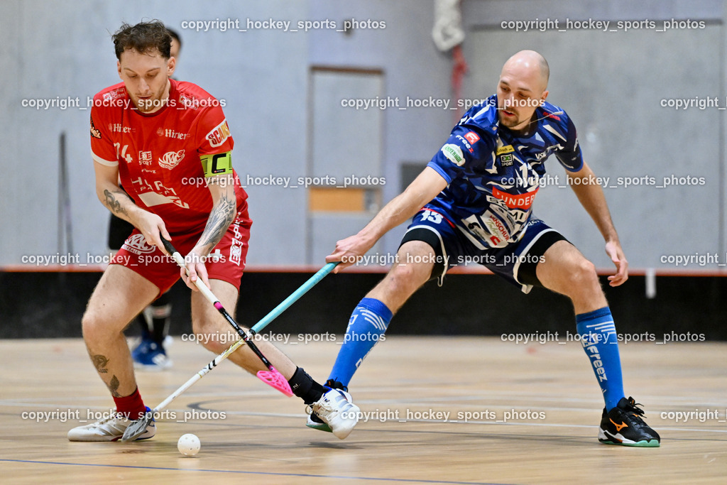 KAC Floorball vs. VSV Unihockey | #74 Luca Wurmitzer KAC Floorball, #13 Jan Sláma VSV Unihockey, KAC Floorball vs. VSV Unihockey, KAC Floorball vs. VSV Unihockey am 21.03.2026 in Klagenfurt (Ballspielhalle Waidmannsdorf), Austria, (Photo by Bernd Stefan)