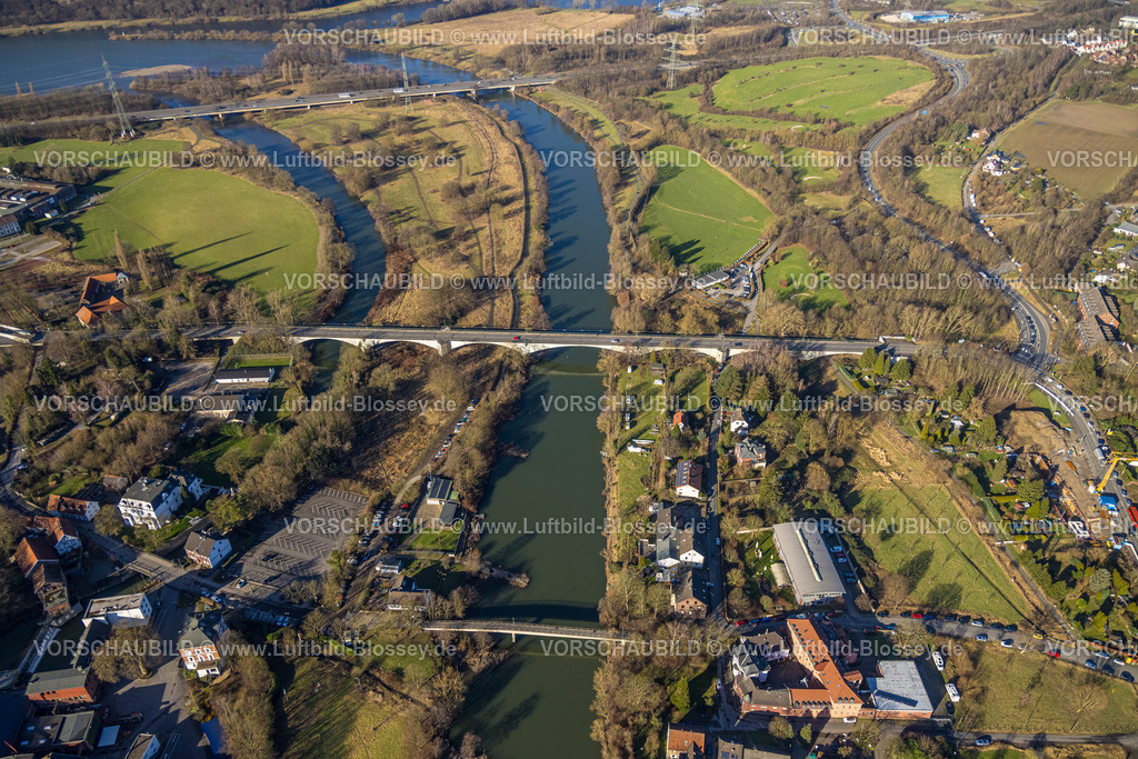 Witten240103050 | Luftbild, Ruhrbrücke Herbede über den Fluss Ruhr, Lakebrücke Fußgängerbrücke und Zollhaus Gastronomie, hinten Autobahnhbrücke der A43, Ostherbede, Witten, Ruhrgebiet, Nordrhein-Westfalen, Deutschland