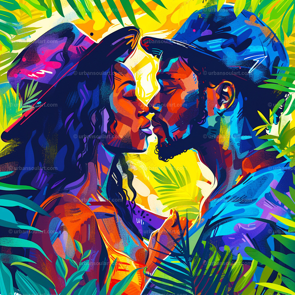 Ebony Love Couple In The Tropics | A romantic, vibrant portrait of an ebony couple sharing a tender moment in a tropical setting. Perfect for adding warmth, passion, and a sense of exotic beauty to your decor. - Realisiert mit Pictrs.com