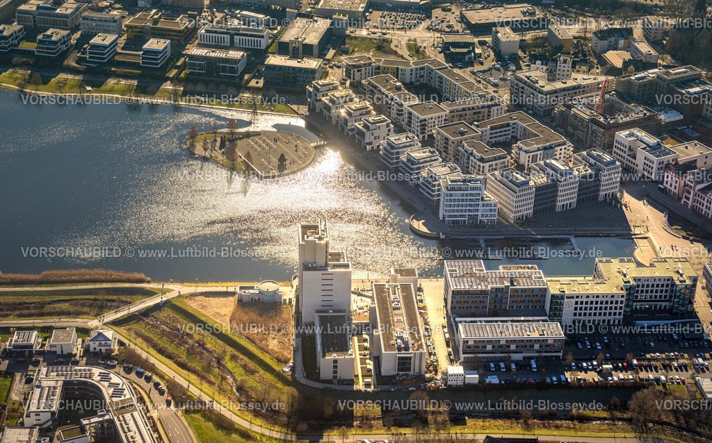 Dortmund230200653 | Luftbild, Phoenix-See, Hafen, Baustelle mit Neubau der Comunita Residenz Phoenix See Seniorenwohnheim Hochhaus H12, Hörde, Dortmund, Ruhrgebiet, Nordrhein-Westfalen, Deutschland