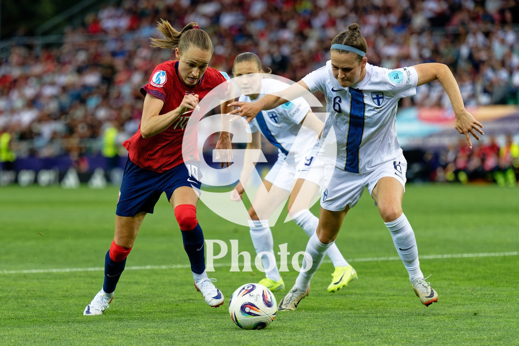 Norway v Finland - UEFA Women's EURO 2025 Group A | SION, SWITZERLAND - JULY 6: Caroline Graham Hansen of Norway (L) and Joanna Tynnila of Finland (R) fight for possession  during the UEFA Womens EURO 2025 Group A match between Norway and Finland at Stade de Tourbillon on July 6, 2025 in Sion, Switzerland. (Photo by Giuseppe Velletri/Sports Press Photo/Getty Images)
