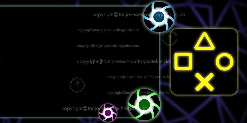 esports 3 D | Illustrierter Hintergrund zum Thema Computerspiel. Copy Space für eigenen Text. 3 illustrierte neonfarbige Computer Ventilatoren. Im Hintergrund sind Polygon Netze. 