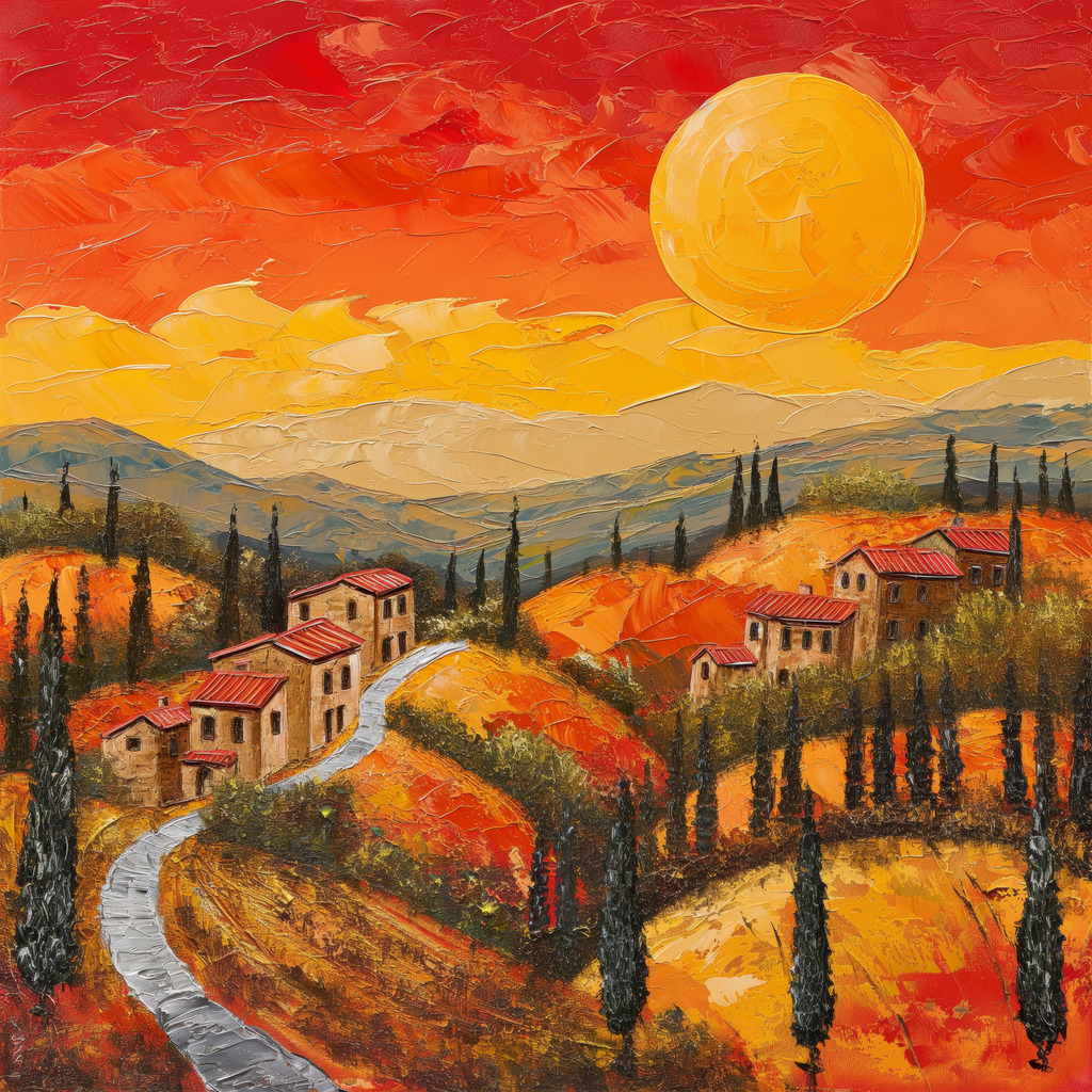 2407052 - Abend in der Toskana | Abendsonne in der Toskana im Stil eins Ölgemäldes. Bestellen Sie dieses Motiv als hochwertigen Kunstdruck z.B. auf Leinwand oder hinter Acrylglas. Für Preise, Größen- und Materialauswahl klicken Sie bitte auf "Bestellen.