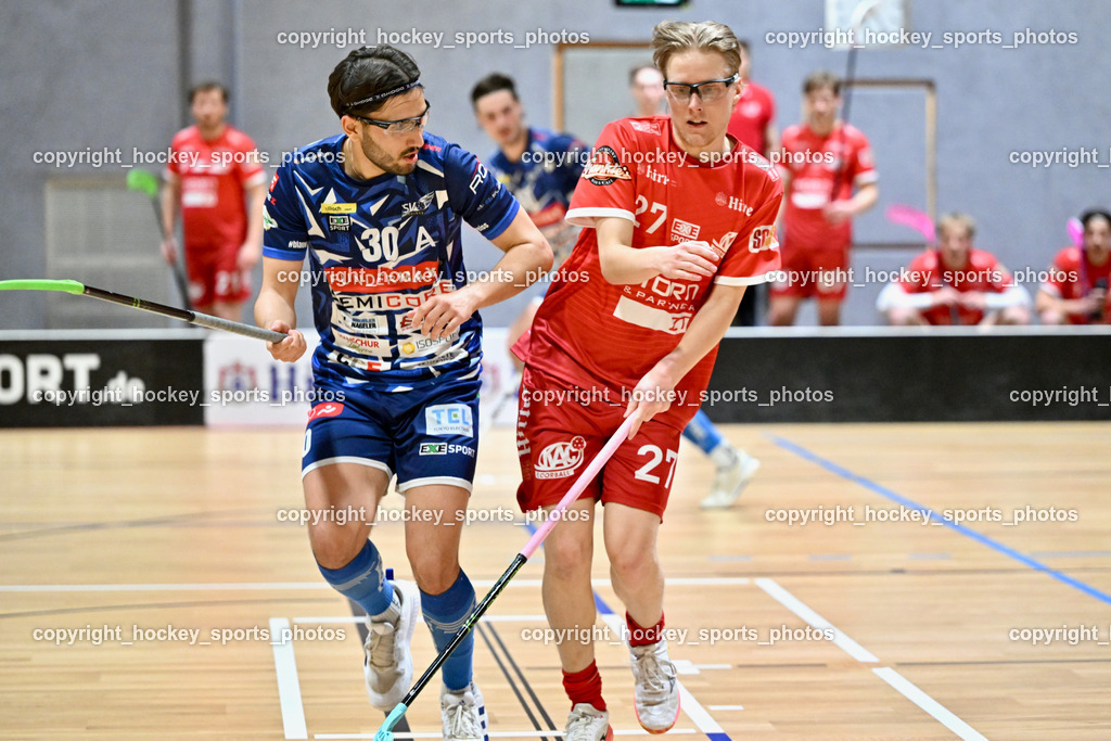 KAC Floorball vs. VSV Unihockey | #30 Christoph Steiner VSV Unihockey, #27 Valtteri Pernu KAC Floorball, KAC Floorball vs. VSV Unihockey, KAC Floorball vs. VSV Unihockey am 21.03.2026 in Klagenfurt (Ballspielhalle Waidmannsdorf), Austria, (Photo by Bernd Stefan)