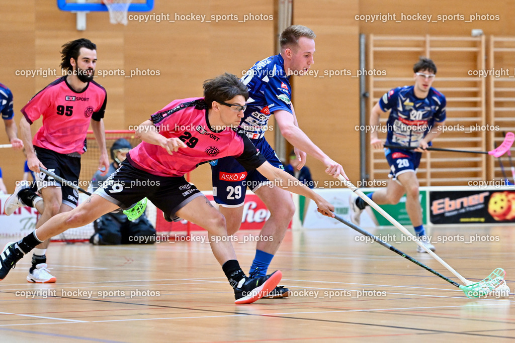 VSV Unihockey vs. Wiener Floorball Verein | #29 Jonas-Justus Dopona Wiener Floorballverein, #29 Anze Brajic VSV Unihockey, #95 FELSBERGER Niklas Wiener Floorballverein, VSV Unihockey vs. Wiener Floorball Verein, VSV Unihockey vs. Wiener Floorball Verein am 18.05.2025 in Villach (Ballspielhalle St. Martin), Austria, (Photo by Bernd Stefan)