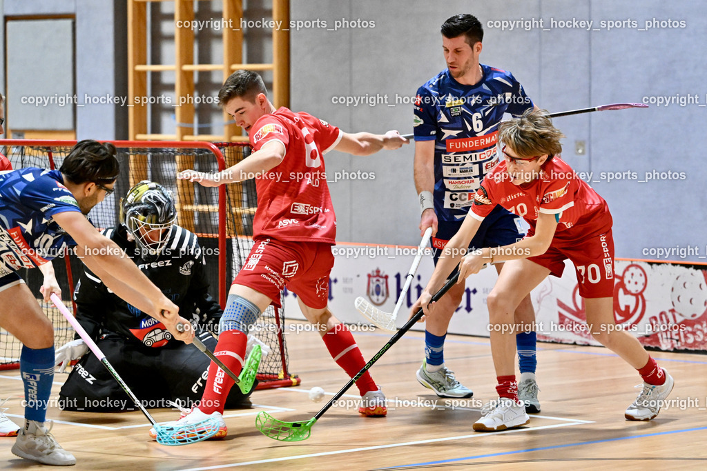 KAC Floorball vs. VSV Unihockey | #70 Marcel Toschkov KAC Floorball, #6 Timo Schmid VSV Unihockey, #8 Alexander Apold KAC Floorball, #55 Maximilian Obereder KAC Floorball, KAC Floorball vs. VSV Unihockey, KAC Floorball vs. VSV Unihockey am 21.03.2026 in Klagenfurt (Ballspielhalle Waidmannsdorf), Austria, (Photo by Bernd Stefan)